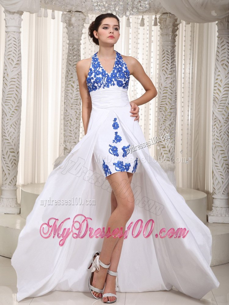 2013 White Column Halter Appliques High-low Cocktail Dress for Girl