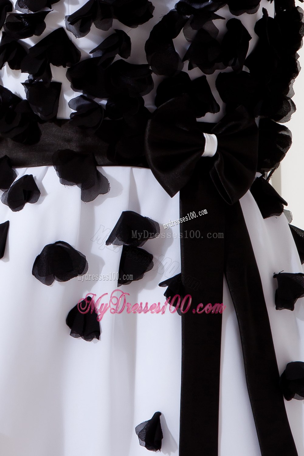 White and Black Junior Cocktail Dress with Princess Straps Sashes