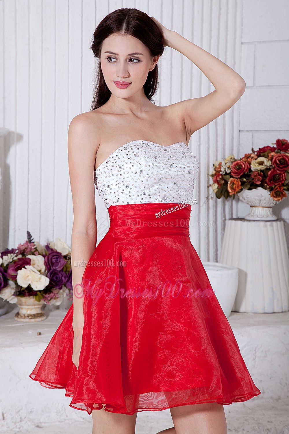 Red and White Strapless Short Cocktail Dress with Beading