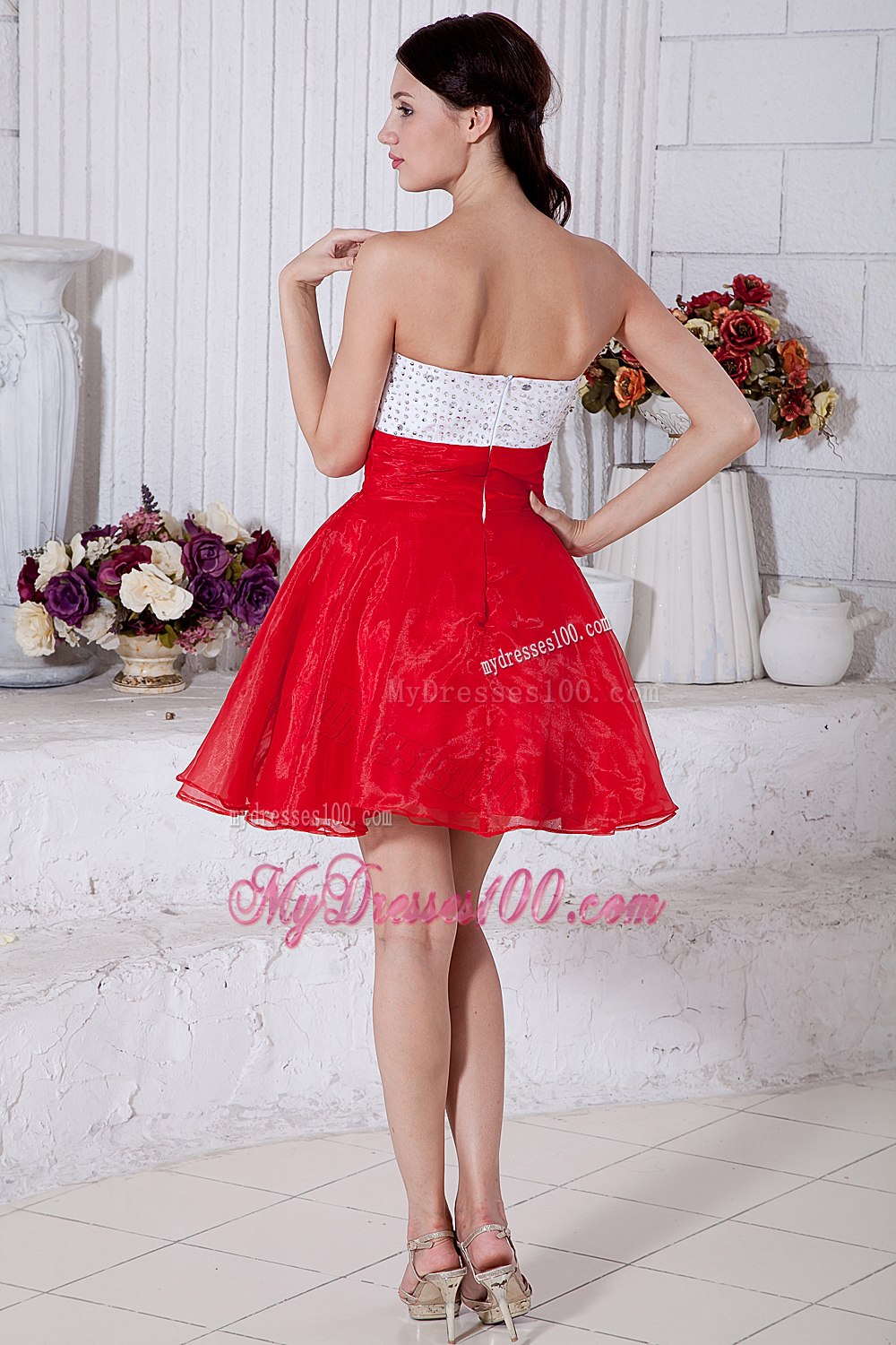 Red and White Strapless Short Cocktail Dress with Beading