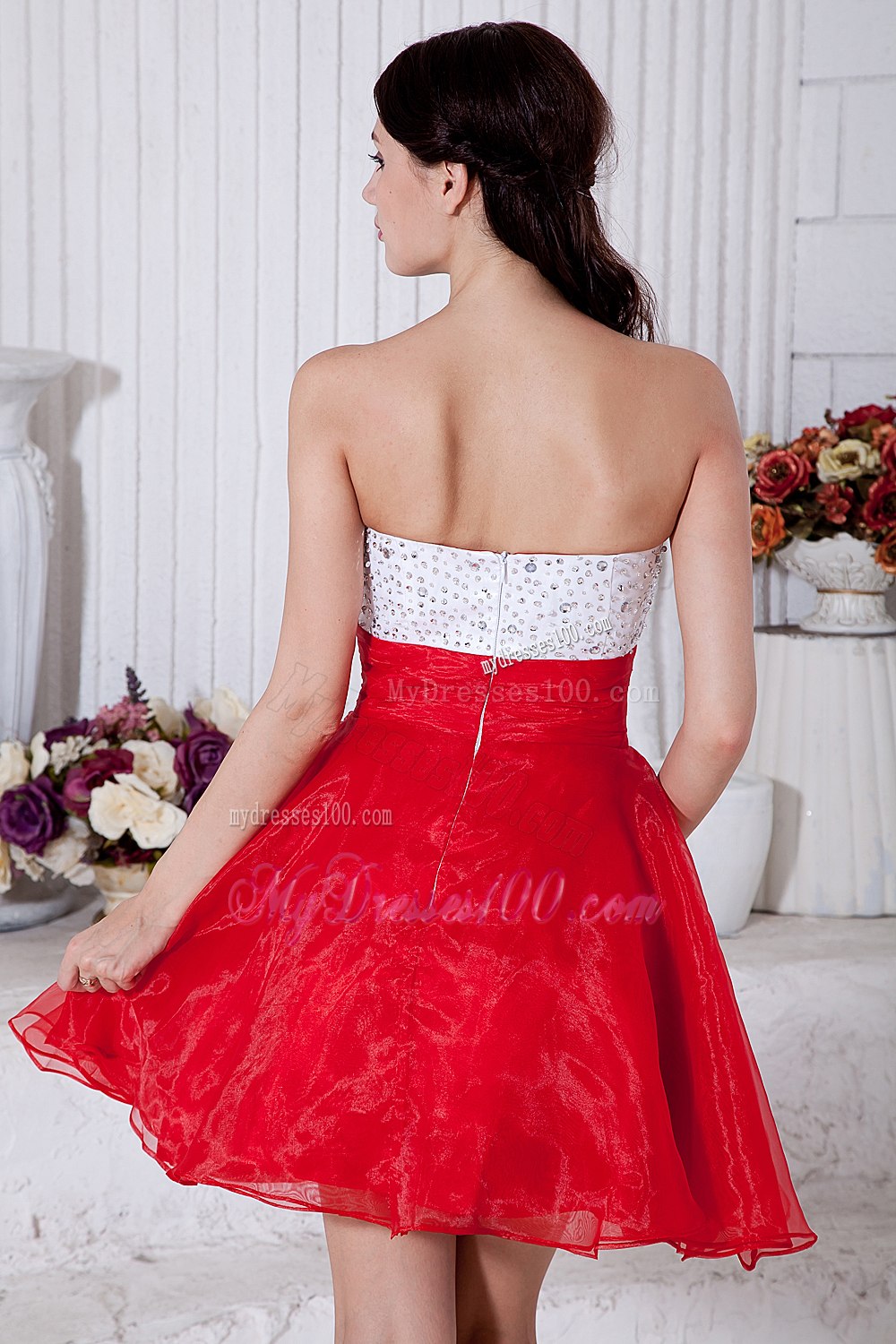 Red and White Strapless Short Cocktail Dress with Beading