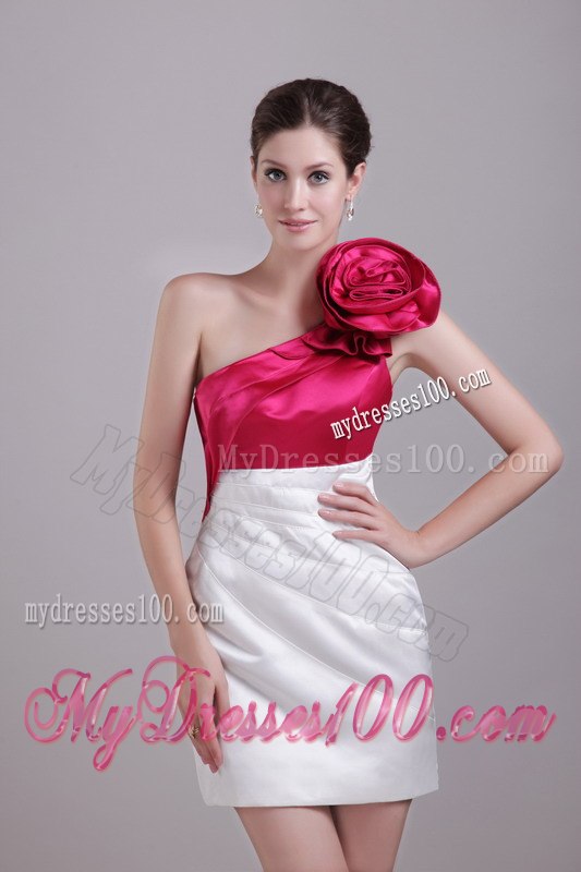 White and Wine Red Column One Shoulder Hand Flower Cocktail Dress
