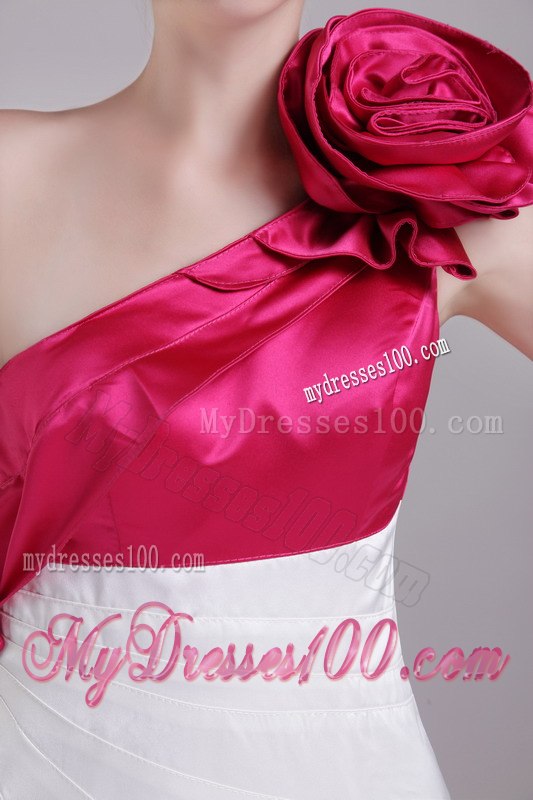 White and Wine Red Column One Shoulder Hand Flower Cocktail Dress