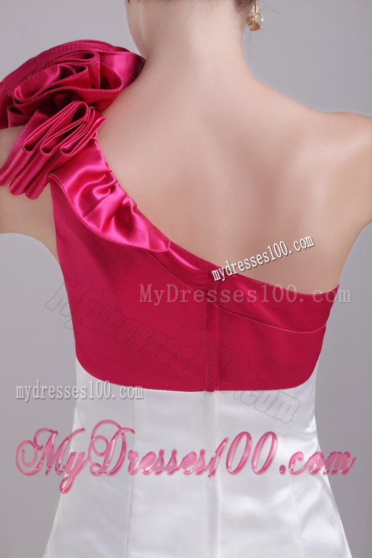 White and Wine Red Column One Shoulder Hand Flower Cocktail Dress