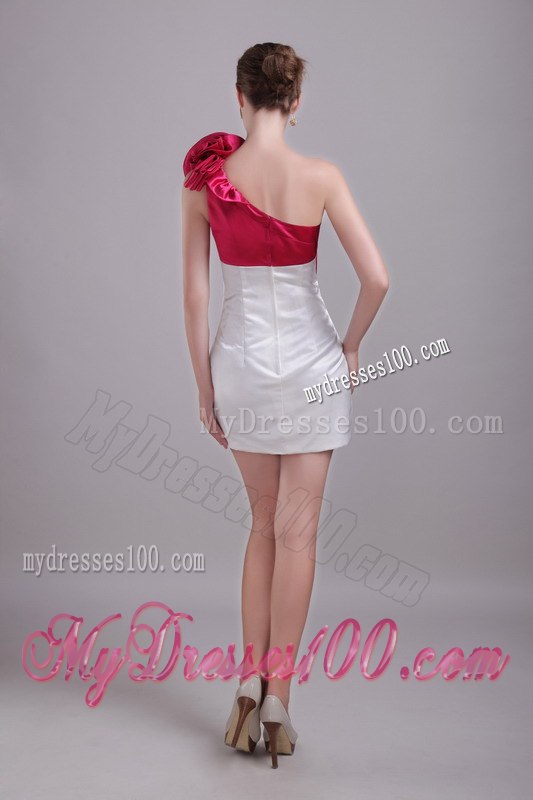 White and Wine Red Column One Shoulder Hand Flower Cocktail Dress