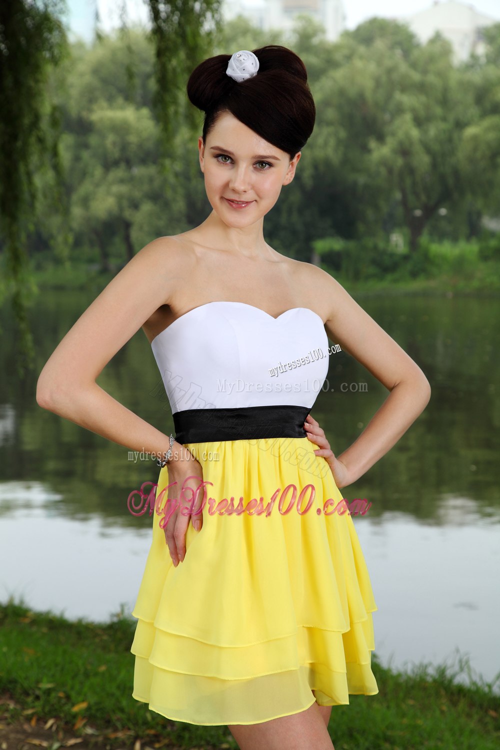 Yellow and White Empire Sweetheart Sashes Cocktail Dress in 2013