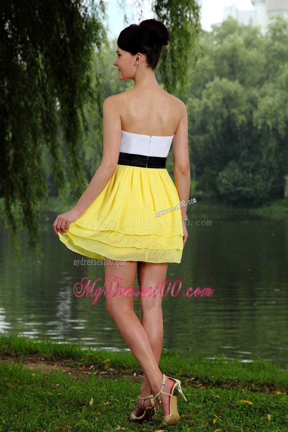 Yellow and White Empire Sweetheart Sashes Cocktail Dress in 2013