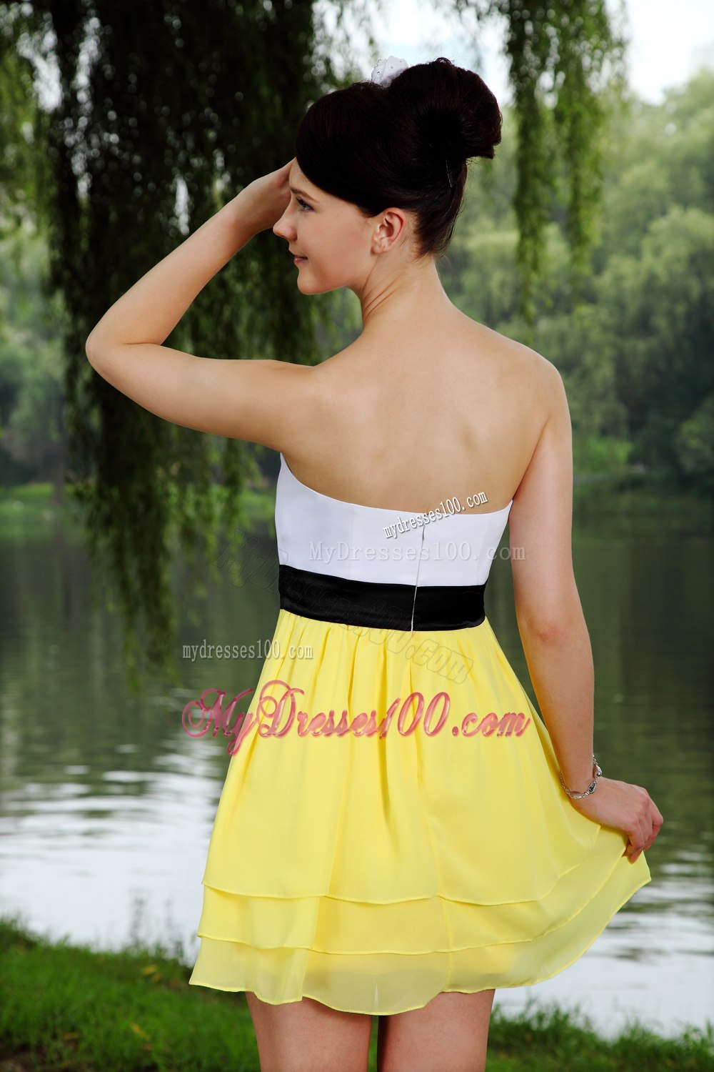 Yellow and White Empire Sweetheart Sashes Cocktail Dress in 2013
