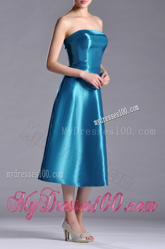 2016 Luxurious A Line Strapless Tea Length Dama Dress in Teal