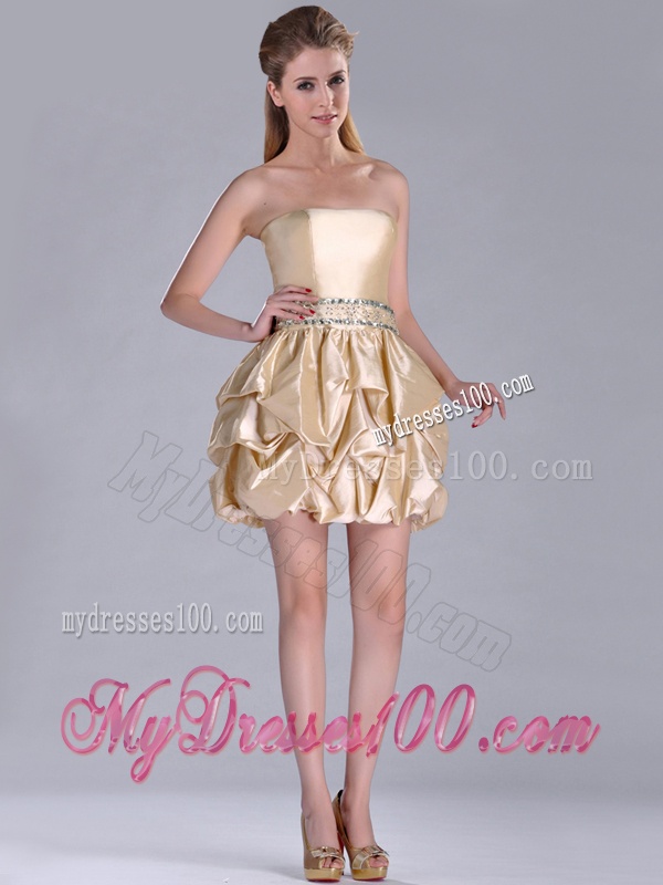 Beautiful Strapless Beaded and Bubble Short Dama Dress in Champagne