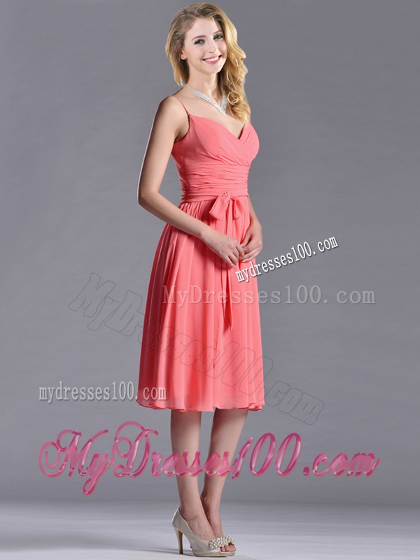 Best Spaghetti Straps Watermelon Dama Dress with Ruching and Bowknot