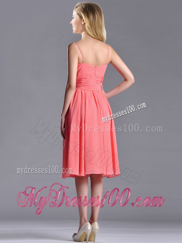 Best Spaghetti Straps Watermelon Dama Dress with Ruching and Bowknot