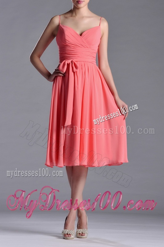 Best Spaghetti Straps Watermelon Dama Dress with Ruching and Bowknot