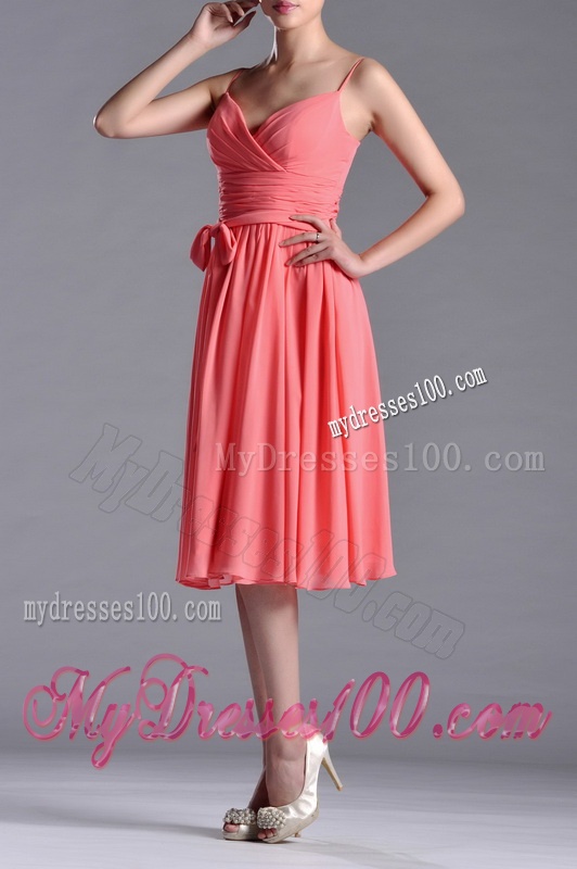Best Spaghetti Straps Watermelon Dama Dress with Ruching and Bowknot