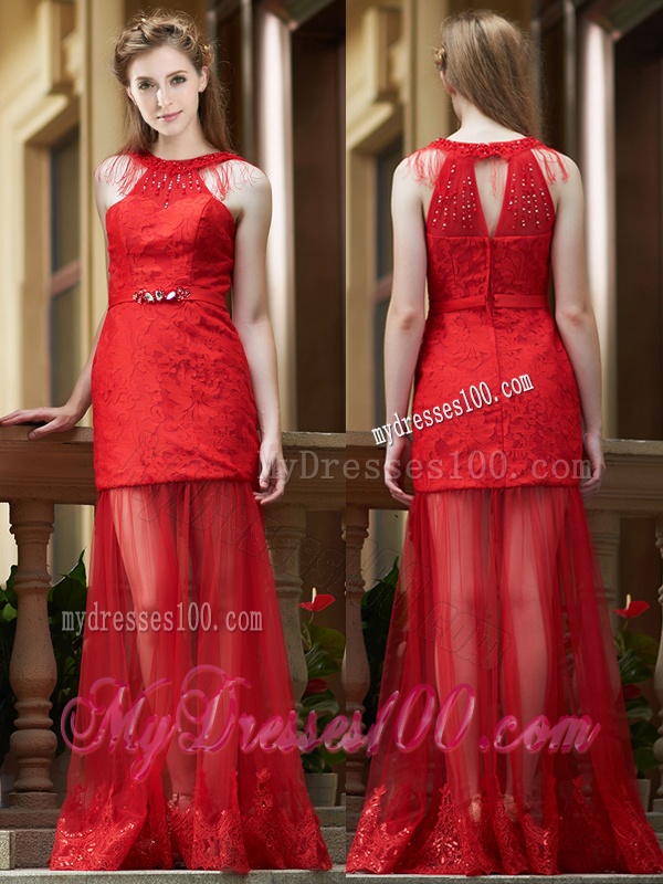 Cheap Belted Red Long Dama Dress in Tulle and Lace