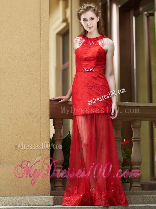 Cheap Belted Red Long Dama Dress in Tulle and Lace