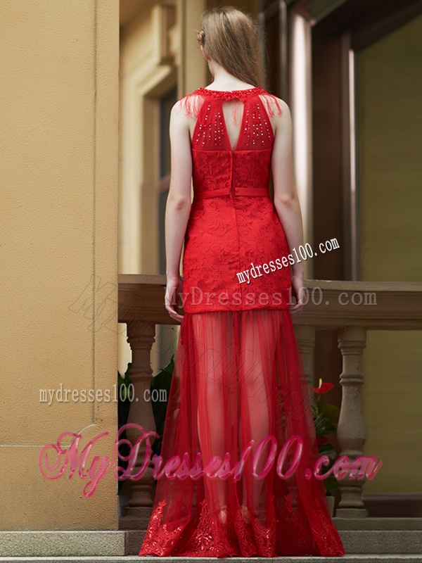 Cheap Belted Red Long Dama Dress in Tulle and Lace