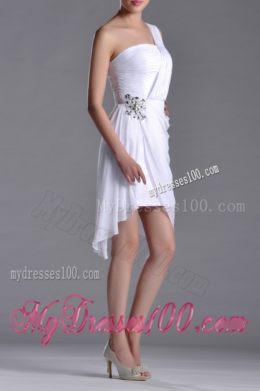 Cheap Column One Shoulder White Short Dama Dress with Zipper Up
