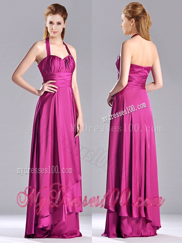 Classical Halter Top Fuchsia Long Dama Dress in Elastic Woven Satin