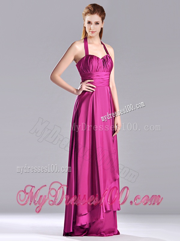 Classical Halter Top Fuchsia Long Dama Dress in Elastic Woven Satin