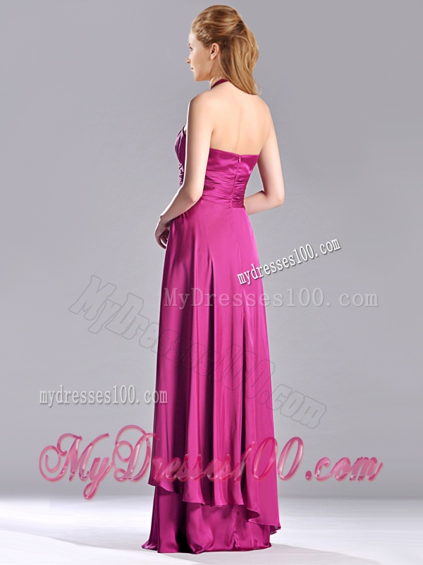 Classical Halter Top Fuchsia Long Dama Dress in Elastic Woven Satin