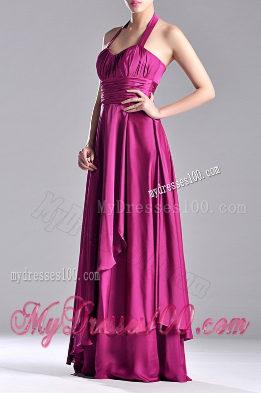 Classical Halter Top Fuchsia Long Dama Dress in Elastic Woven Satin