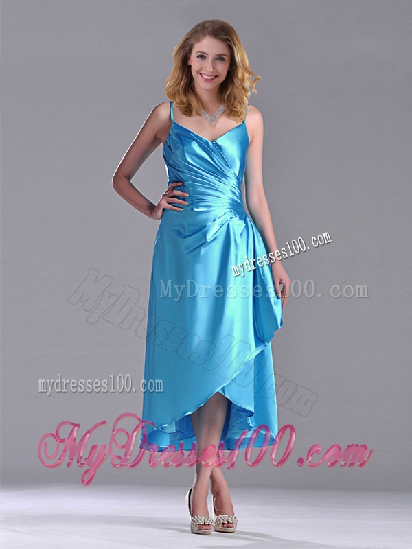 Classical Spaghetti Straps Baby Blue Dama Dress in Tea Length
