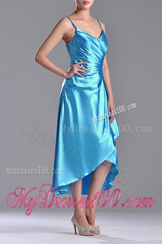 Classical Spaghetti Straps Baby Blue Dama Dress in Tea Length