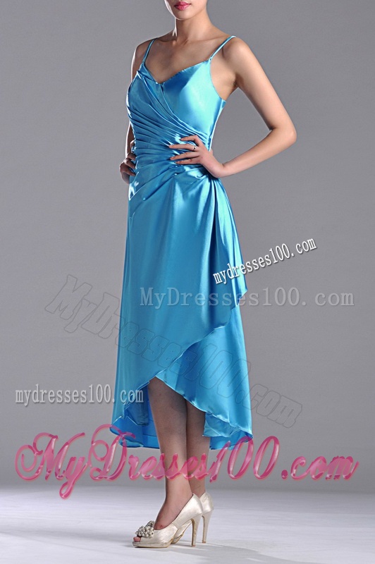 Classical Spaghetti Straps Baby Blue Dama Dress in Tea Length