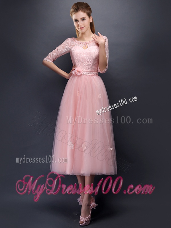 Comfortable Scoop Half Sleeves Dama Dress with Hand Made Flowers and Appliques