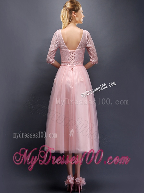 Comfortable Scoop Half Sleeves Dama Dress with Hand Made Flowers and Appliques