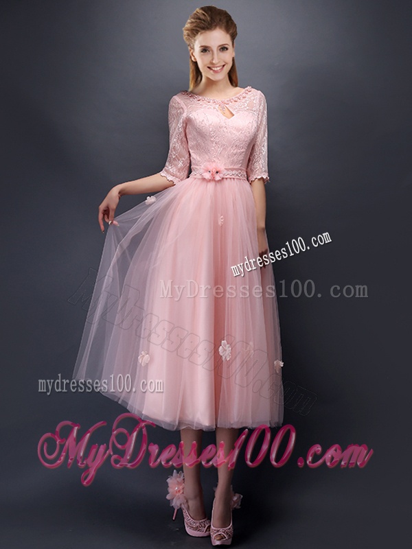 Comfortable Scoop Half Sleeves Dama Dress with Hand Made Flowers and Appliques