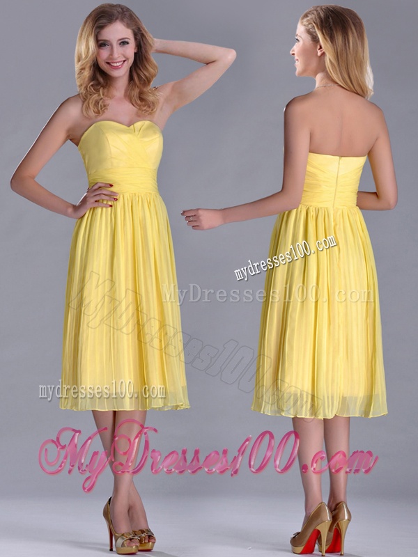 Discount Pleated Yellow Chiffon Dama Dress in Tea Length