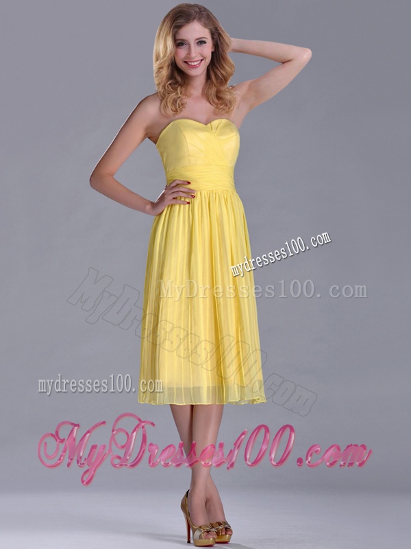 Discount Pleated Yellow Chiffon Dama Dress in Tea Length