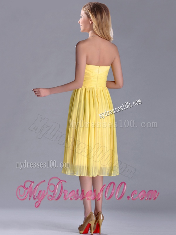 Discount Pleated Yellow Chiffon Dama Dress in Tea Length