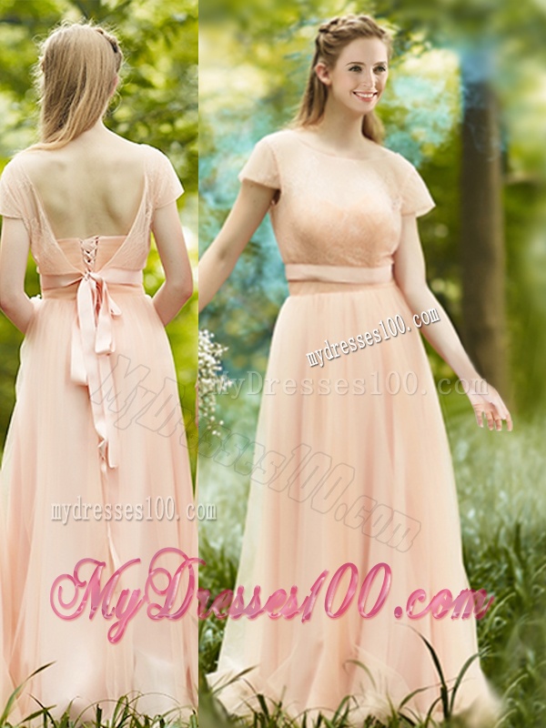 Elegant See Through Scoop Short Sleeves Dama Dress in Peach