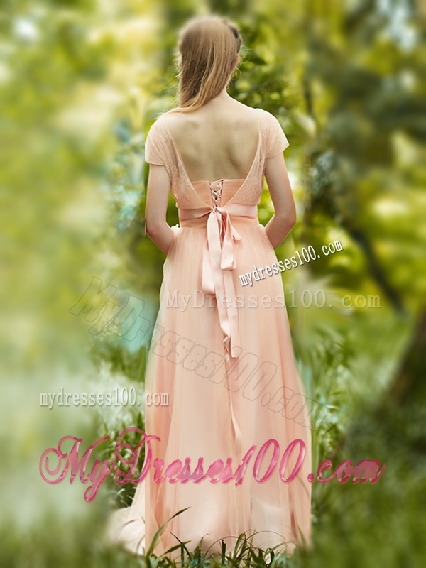 Elegant See Through Scoop Short Sleeves Dama Dress in Peach