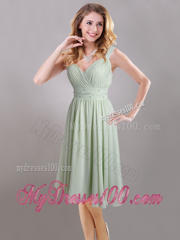 Exclusive Beaded and Ruched Apple Green V Neck Dama Dress in Chiffon