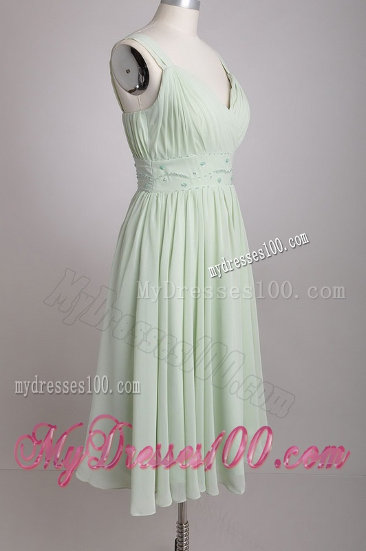 Exclusive Beaded and Ruched Apple Green V Neck Dama Dress in Chiffon
