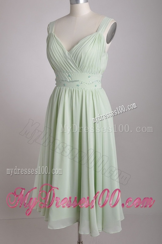 Exclusive Beaded and Ruched Apple Green V Neck Dama Dress in Chiffon