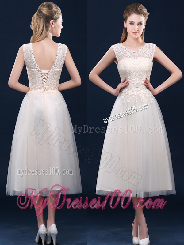 Fashionable Tea Length Scoop Dama Dress with Lace and Appliques