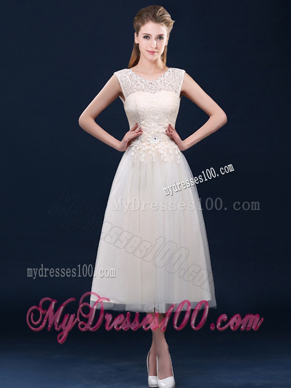 Fashionable Tea Length Scoop Dama Dress with Lace and Appliques