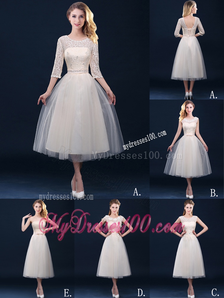 Fashionable Tea Length Scoop Dama Dress with Lace and Appliques