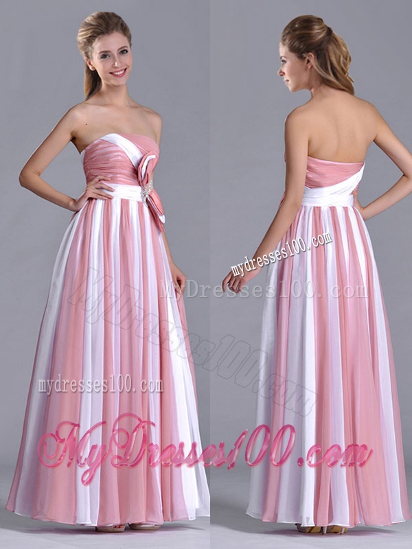 Hot Sale Bowknot Strapless White and Pink Dama Dress with Side Zipper