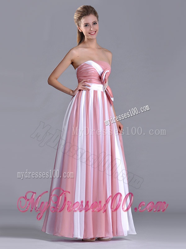 Hot Sale Bowknot Strapless White and Pink Dama Dress with Side Zipper