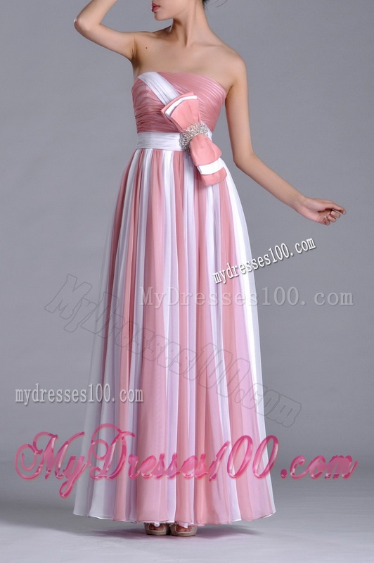 Hot Sale Bowknot Strapless White and Pink Dama Dress with Side Zipper