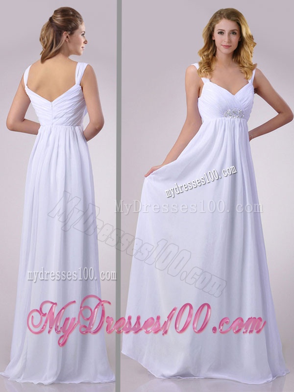 Hot Sale Empire Beaded White Chiffon Dama Dress with Straps
