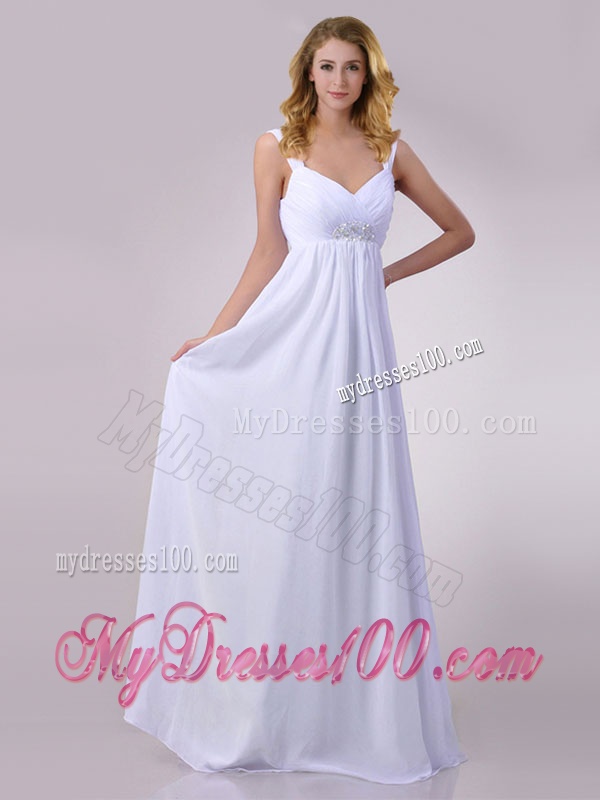 Hot Sale Empire Beaded White Chiffon Dama Dress with Straps