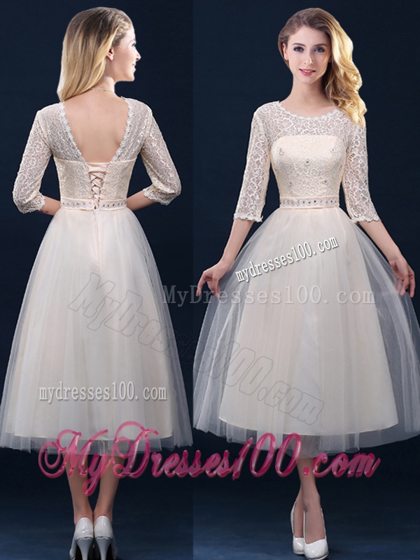 Hot Sale Laced and Applique Champagne Dama Dress in Tea Length