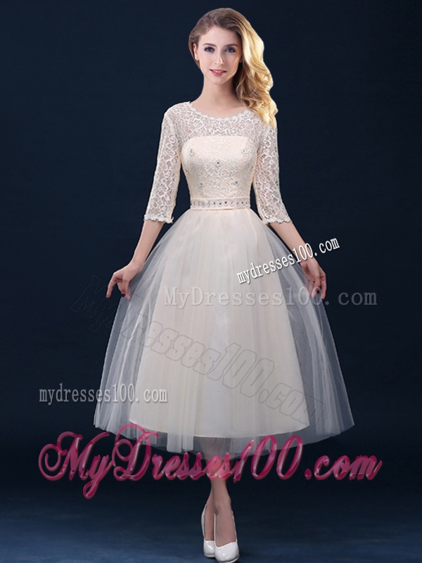 Hot Sale Laced and Applique Champagne Dama Dress in Tea Length